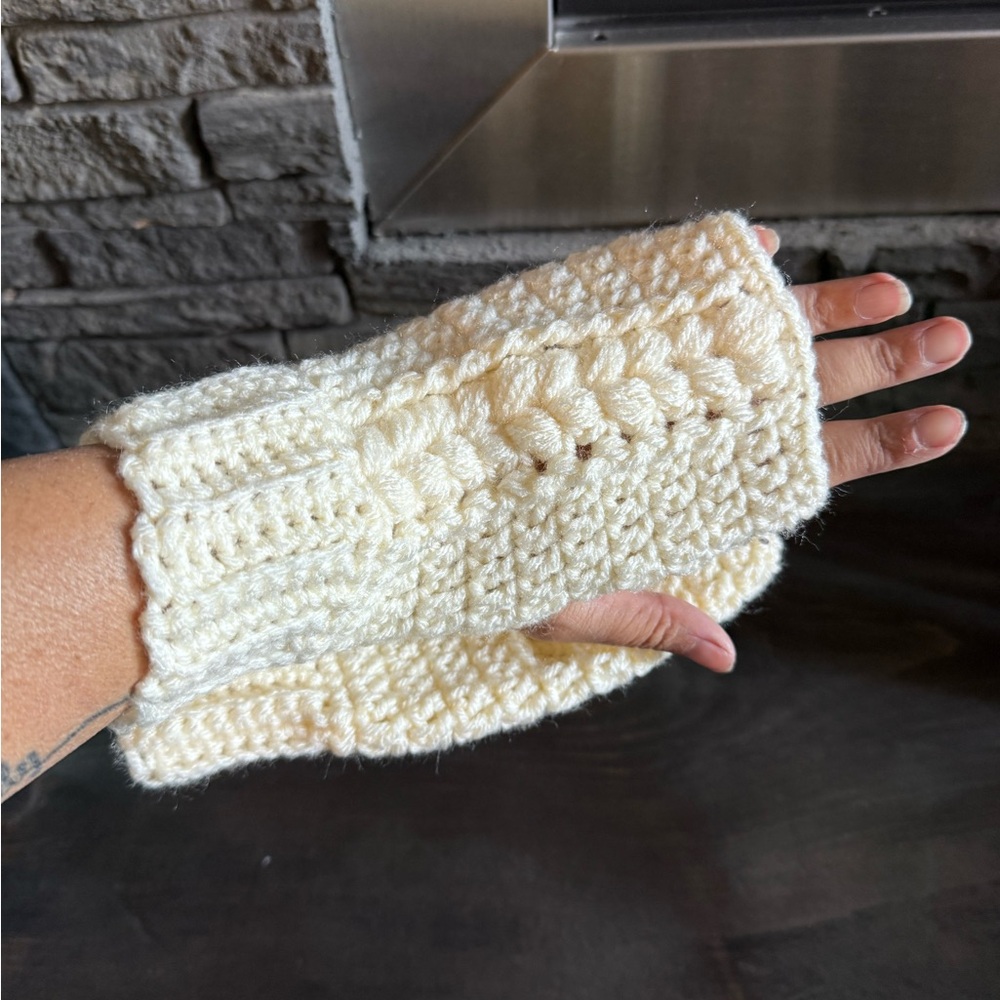 Hand Crafted Cream Fingerless Mittens